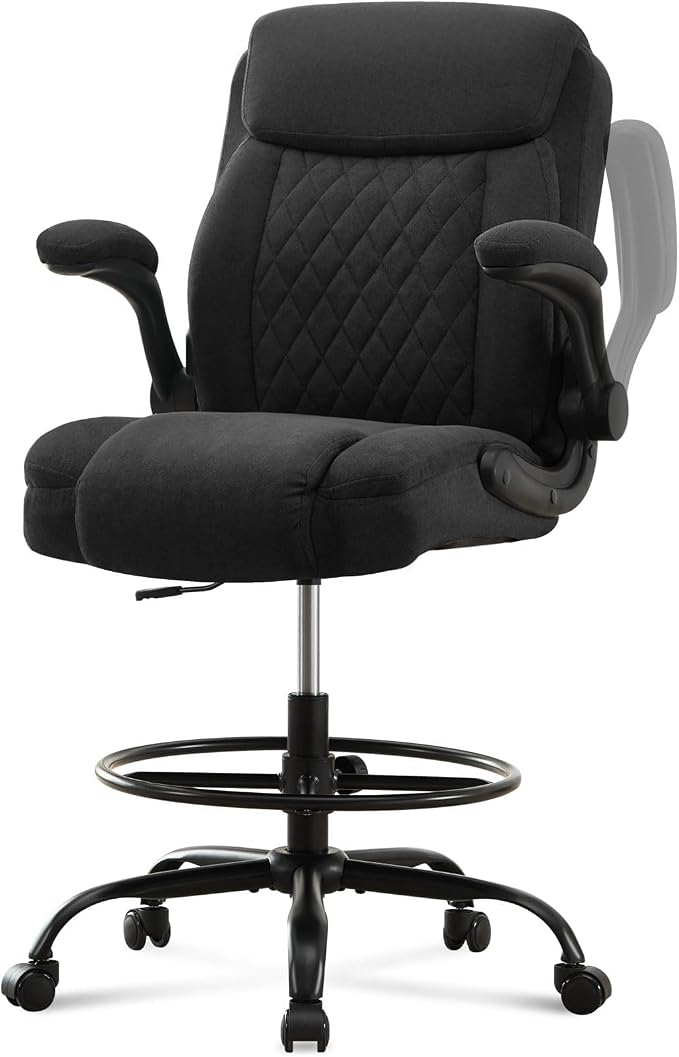 Drafting Chair Tall Office Chair for Standing Desk, Ergonomic Tall Desk Chair with Adjustable Foot Ring, Flip-Up Armrests, Lumbar Support, Comfortable Fabric Seat – Ideal for Home and Office Use