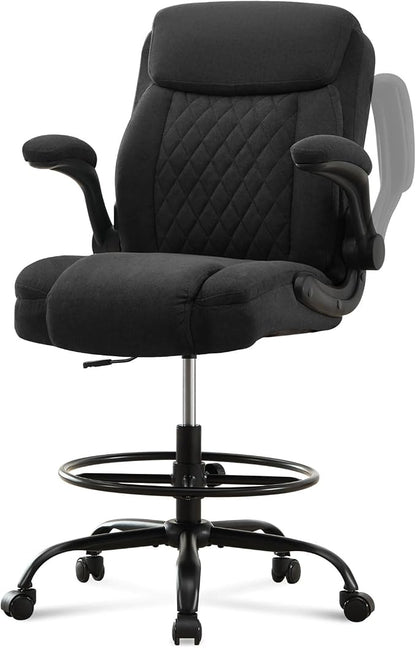 Drafting Chair Tall Office Chair for Standing Desk, Ergonomic Tall Desk Chair with Adjustable Foot Ring, Flip-Up Armrests, Lumbar Support, Comfortable Fabric Seat – Ideal for Home and Office Use
