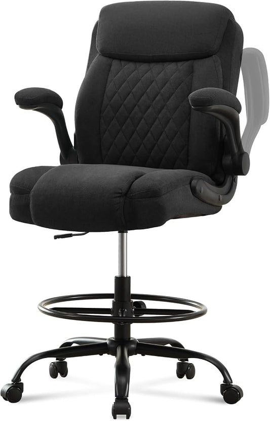 Drafting Chair Tall Office Chair for Standing Desk, Ergonomic Tall Desk Chair with Adjustable Foot Ring, Flip-Up Armrests, Lumbar Support, Comfortable Fabric Seat – Ideal for Home and Office Use