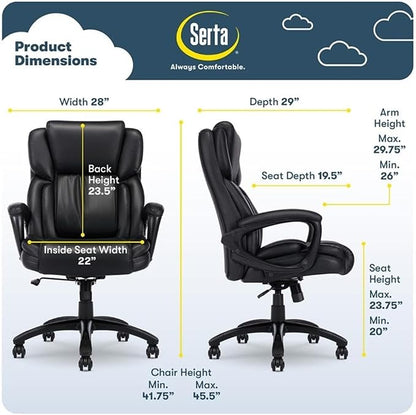 Serta Garret Executive Office Chair, Ergonomic Mid-Back with Lumbar Support, Semi-Plush Cushion and Body Pillows, Padded Armrests, Swivel Base, Bonded Leather, Space Black