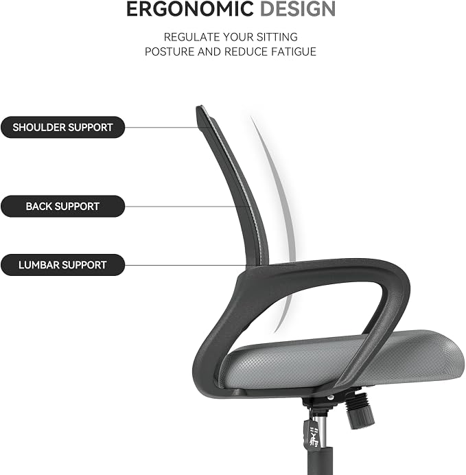 Office Chair, Ergonomic Mid-Back Mesh Desk Chair, Light Gray | Lumbar Support, Adjustable Height, Rolling Wheels, Comfy Armrest, For Work, Study, Gaming