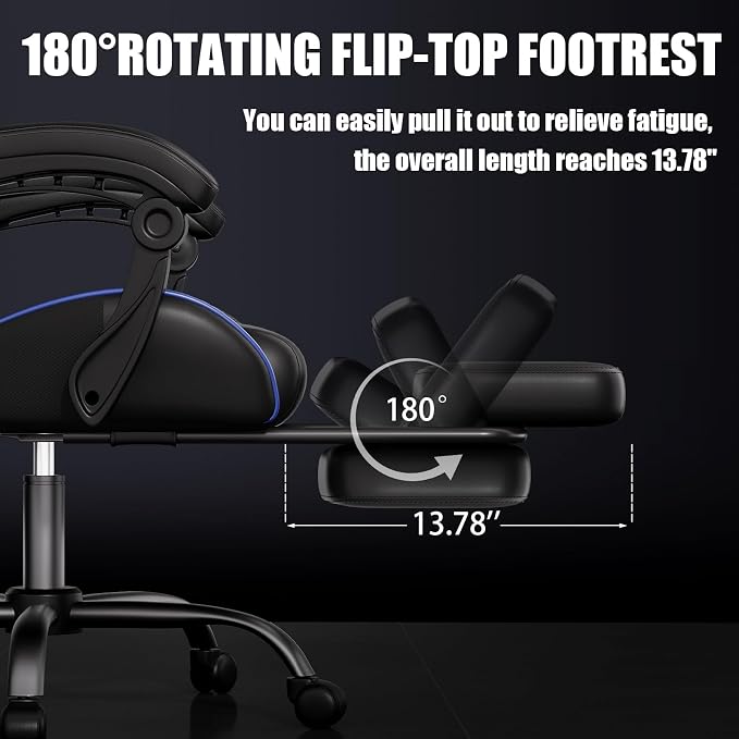 Czlolo Gaming Chair, Ergonomic Office Computer Chair with Footrest and Lumbar Support Massager Racing Style High Back Video Gamer Chair, Wide＆Thick Cushion, 90°-135° Recline, Adjustable Height, Blue