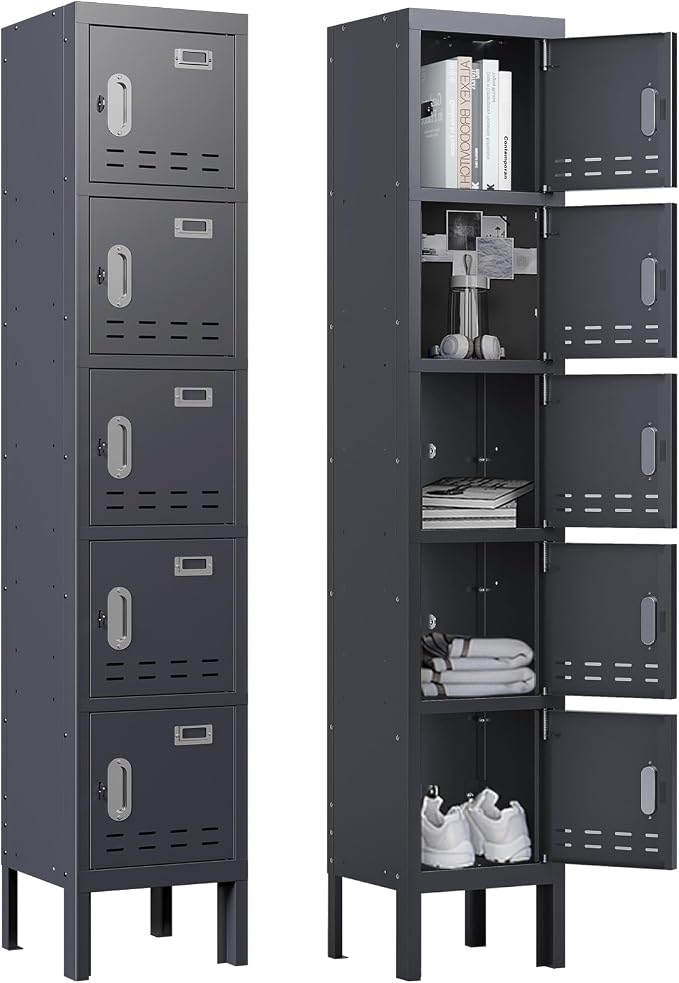 BUTISOW Metal Lockers - 66" Height Steel Lockers for Employees with 5 Door Storage Locker with Card Slot for Employees Gym School Home Office Garage - Assembly Required