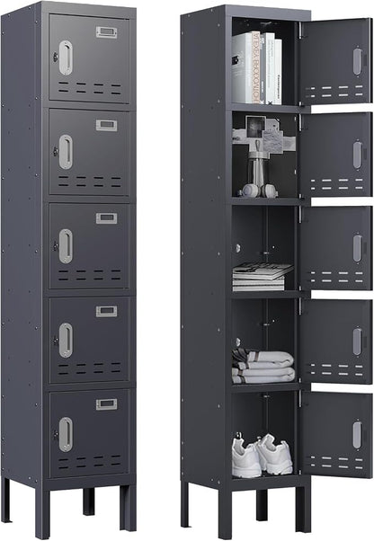 BUTISOW Metal Lockers - 66" Height Steel Lockers for Employees with 5 Door Storage Locker with Card Slot for Employees Gym School Home Office Garage - Assembly Required