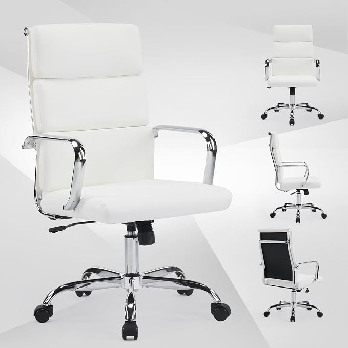 Office Chair, Ergonomic Executive Conference Room Chairs, Ribbed Leather Desk Chair with Lumbar Support, Adjustable Height Mid-Back Swivel Chair with Padded Seat