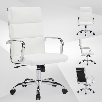 Office Chair, Ergonomic Executive Conference Room Chairs, Ribbed Leather Desk Chair with Lumbar Support, Adjustable Height Mid-Back Swivel Chair with Padded Seat