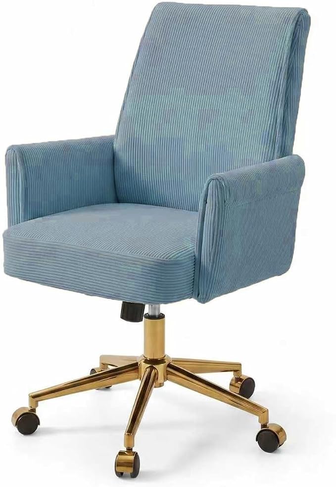 Striped Velvet Office Chair, 360° Swivel Ergonomic Task Chair with High Back, Gold Base and Wheels, Height Adjustable Modern Accent Chair for Home Office, Living Room, Study, Vanity Room (Blue)