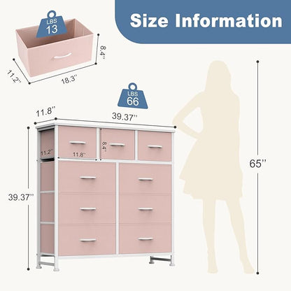 DUMOS Dresser for Bedroom, Storage Organizer with 9 Drawers, Chest of Drawers with Fabric Bins, Sturdy Metal Frame, Wood Tabletop for Guest Room, Closet, Entryway, Pink