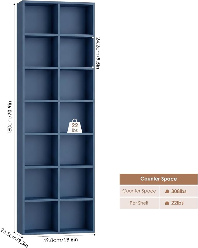 FOTOSOK 71'' Tall Bookshelf Set of 2, 7 Tier Large Bookshelf with Adjustable Shelves, Wide Bookcases and Bookshelf, DVD/CD Media Tower Storage, Cube Book Shelf Display Storage Cabinet, Blue