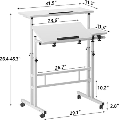 Mobile Laptop Sit-Stand Desk, soges Height Adjustable Standing Tiltable Top Desk, 31.5 inch Stand Up Computer Desk for Home Office, Small Rolling Desk for Small Space, White