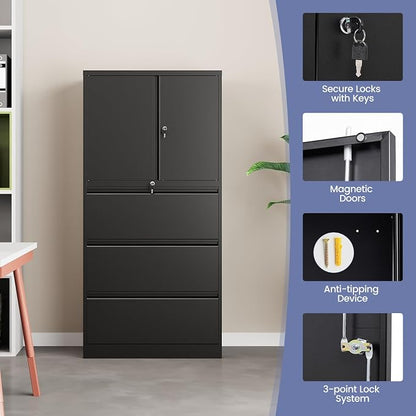 3 Drawer Lateral File Cabinet, Office Storage Cabinet with 3 Wide&Deep Drawers and Locking Doors, Black Metal Cabinet with Adjustable Shelves for Home Office, Fits A4/Letter/Legal Size Folders
