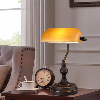 Banker Desk Lamp Touch Control, Vintage Banker's Desk Lamp with USB-A Port, 3 Way Dimmable Desk Lamps, Farmhouse Library Lamp Oil Rubbed Bronze for Office, Study Room
