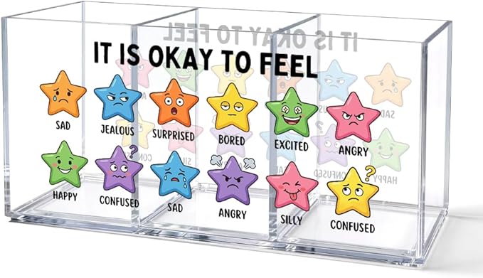 It Is Okay To Feel Acrylic Pen Holder Organizer with 3 Compartments, Mental Health Emotional Desk Organizer Accessory for Psychologist, Office Appreciation Gifts for Therapy Counselor Coworker