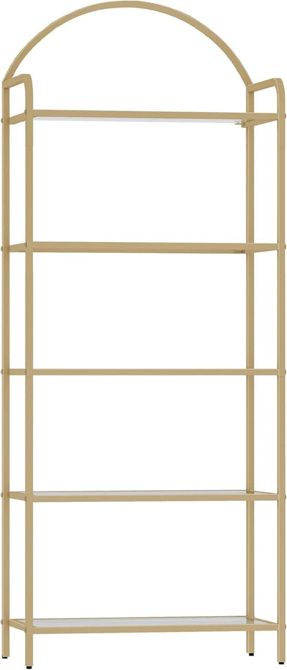 Hzuaneri Bookcase Bookshelf, Tempered Glass Bookshelves, Slim Shelving Unit for Bedroom, Bathroom, Home Office, Steel Frame, 5 Tier Gold BC21599G