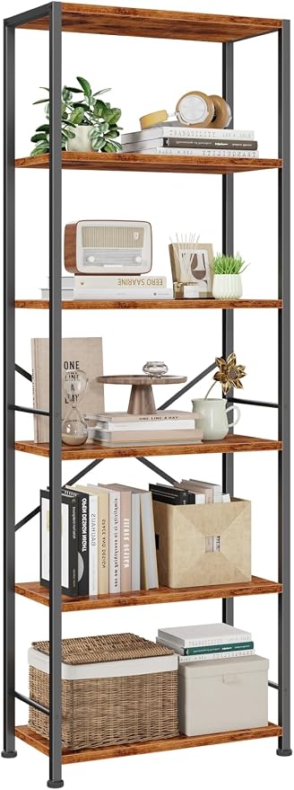 Furologee 6 Tier Book Shelf, Tall Wide Bookshelf, Industrial Open Bookcase, Display Shelves Storage Organizer, Shelving Unit for Living Room, Home Office, Bedroom, Rustic Brown