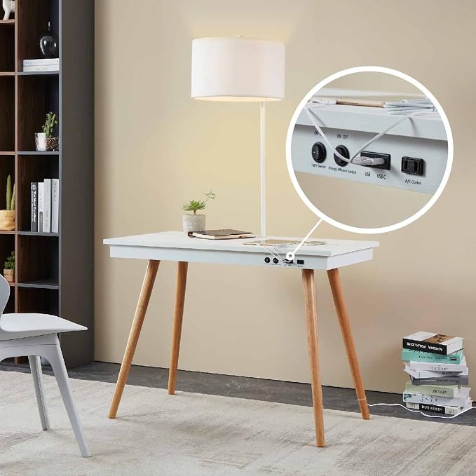 FENLO Future 39" Mid Century Modern Desk for Home Office, Office Desk with USB Charging Station, Wireless Charging, USB, USB-C Ports, White