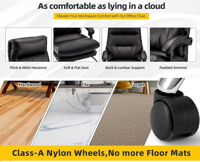 HOMREST Ergonomic Heated Reclining Office Chair, Black | USB Charging, 4-Point Vibration Massage, Adjustable Armrests & Footrest, Premium Leather