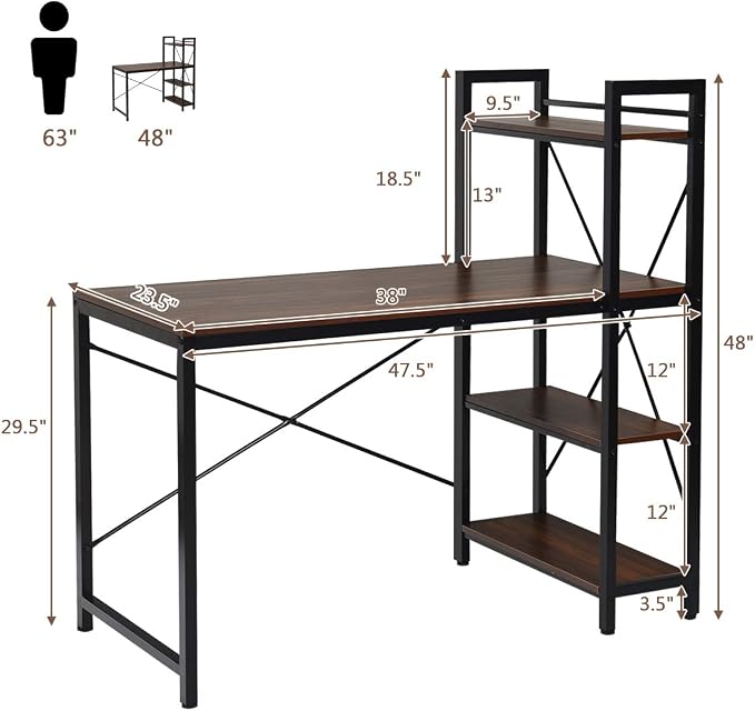 Tangkula Computer Desk with 4 Tier Shelves, Study Writing Desk with Storage Bookshelves, Modern Compact Home Office Workstation, 47.5" Tower Desk with Steel Frame & Adjustable Feet Pad, Teak