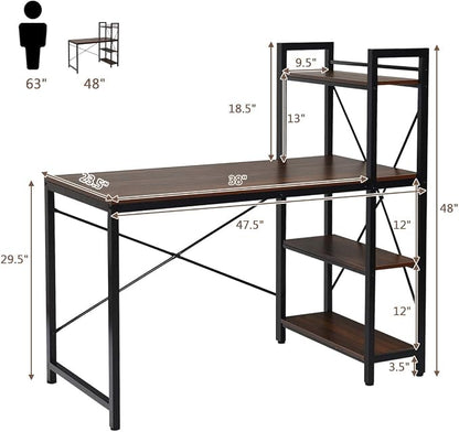Tangkula Computer Desk with 4 Tier Shelves, Study Writing Desk with Storage Bookshelves, Modern Compact Home Office Workstation, 47.5" Tower Desk with Steel Frame & Adjustable Feet Pad, Teak