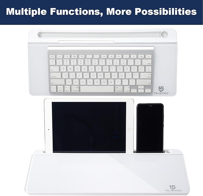 TSJ OFFICE Small Desktop Whiteboard -Glass Dry Erase Board Computer Keyboard Stand White Board Surface Pad with Drawer, Desk Organizers with Accessories for Office, Home, School Supplies - White