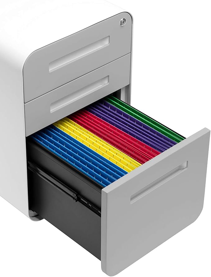 Laura Davidson Furniture Stockpile 3 Drawer File Cabinet with Lock - Under Office Desk Metal Filing Cabinet, Legal/Letter File Folders, Wheels and Stationary Feet, Pre-Assembled, Light Grey Faceplate