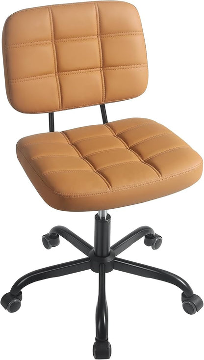 Armless Home Office Desk Chair - Small Swivel Office Desk Chairs with Rolling Wheels - Height Adjustable PU Leather Computer Chair with Comfy Low Back - For Small Space, Bedroom, Home, Vanity- Brown