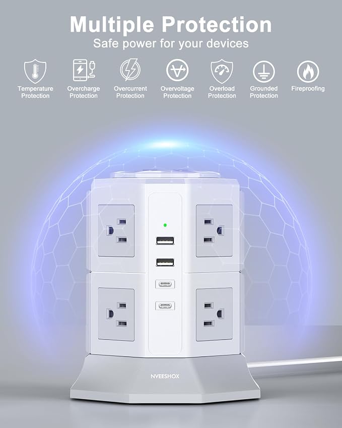 Tower Surge Protector Power Strip Flat Plugs with 8 Outlets 4 USB Ports (2 Type C), 6.5 FT Flat Extension Cord with Multiple Outlets, Charging Station with Surge Protection for Home Office Dorm