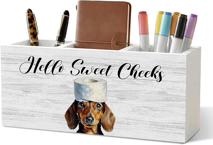 Funny Dachshund Dog Toothbrush Holders for Bathroom, Hello Sweet Cheeks Bathroom Decor, Weiner Dog Gifts Wooden Box Decorations for Washroom Restroom Toilet Desk Shelf Counter Decor