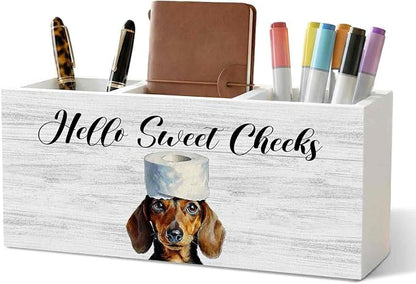 Funny Dachshund Dog Toothbrush Holders for Bathroom, Hello Sweet Cheeks Bathroom Decor, Weiner Dog Gifts Wooden Box Decorations for Washroom Restroom Toilet Desk Shelf Counter Decor