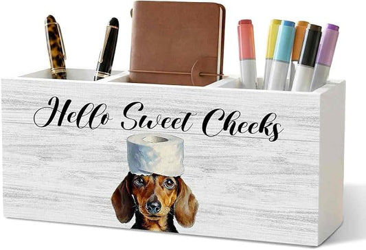 Funny Dachshund Dog Toothbrush Holders for Bathroom, Hello Sweet Cheeks Bathroom Decor, Weiner Dog Gifts Wooden Box Decorations for Washroom Restroom Toilet Desk Shelf Counter Decor