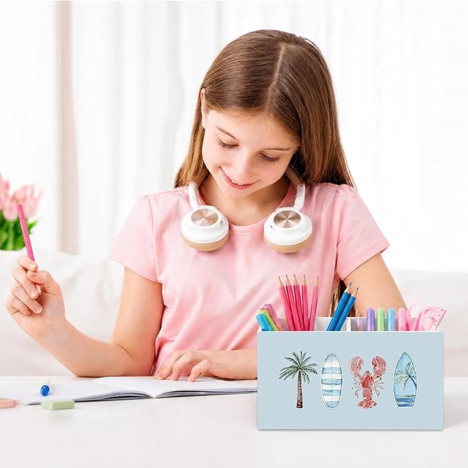 Blue Coastal Beach Pen Pencil Holder for Desk Accessories Coastal Beach Office Decor, Tropical Coastal Ocean Palm Tree Surfboard Crawfish Decorative for Home Bedroom Office Desk Tabletop