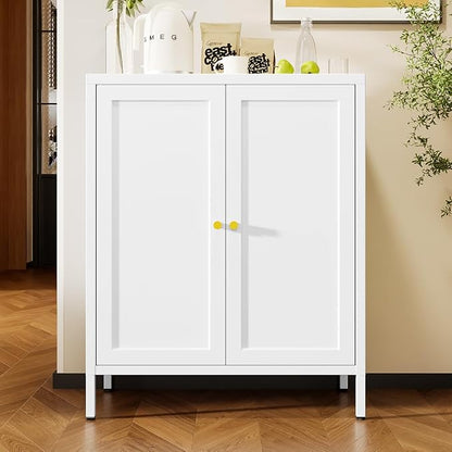 2 Door Metal Accent Storage Cabinet for Office Room,Garage-Metal Floor Bathroom Storage Cabinet with 1 Adjustable Shelves,Freestanding Sideboard for Small Spaces (Square Door, White)