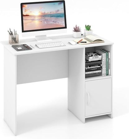 COSTWAY 42” White Home Office Desk, Modern Computer Workstation with Open Compartment & Cabinet, Compact Writing Desk with Cable Holes for Bedroom, Study Room, Dorm