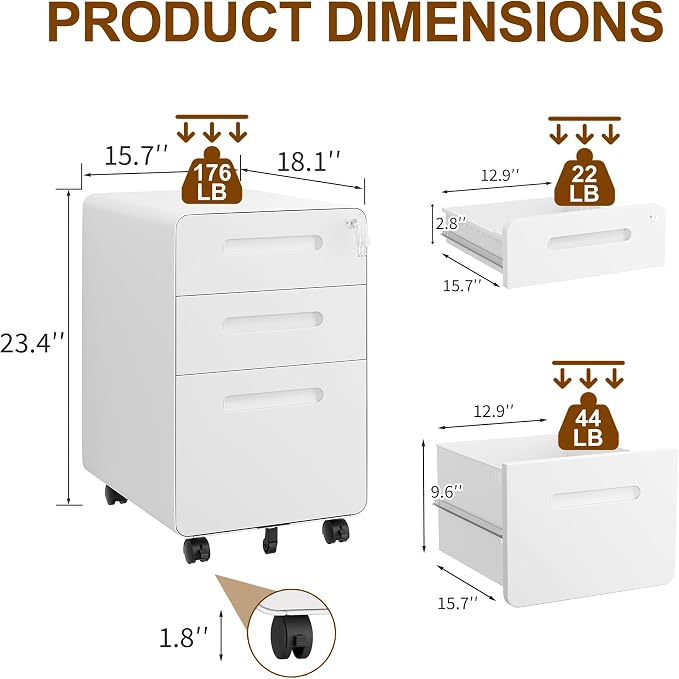 3 Drawers File Cabinet, Mobile Filing Cabinet with Lock, with 25 File Folders, Steel, Fully Assembled Except Casters, for Home Office, White