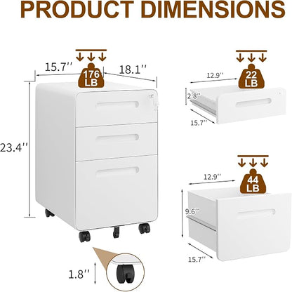 3 Drawers File Cabinet, Mobile Filing Cabinet with Lock, with 25 File Folders, Steel, Fully Assembled Except Casters, for Home Office, White