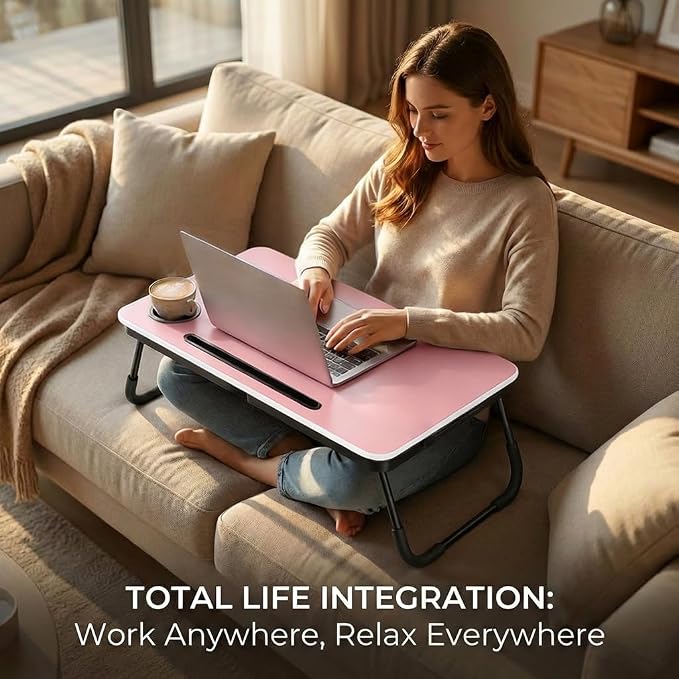 BUYIFY Foldable Laptop Bed Desk for Couch, Sofa - Large Lap Desk Tray Table with Cup Holder and Tablet Slot - Portable Notebook Stand for Eating, Writing, Studying and WFH (Pink)-USA Original Patent