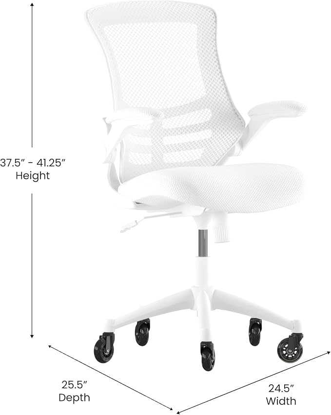 Flash Furniture Kelista Mid-Back White Mesh Swivel Ergonomic Task Office Chair with White Frame, Flip-Up Arms, and Transparent Roller Wheels