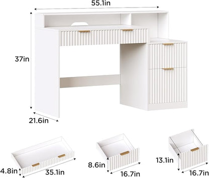 Vabches Fluted Computer Desk with Power Outlets, Home Office Desk with Drawers, Printer Stand, Wood Computer Desk with Long Monitor Stand, White