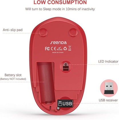 seenda Wireless Mouse, 2.4G Noiseless Mouse with USB Receiver Portable Computer Mice for Windows PC, Notebook, Laptop - Red