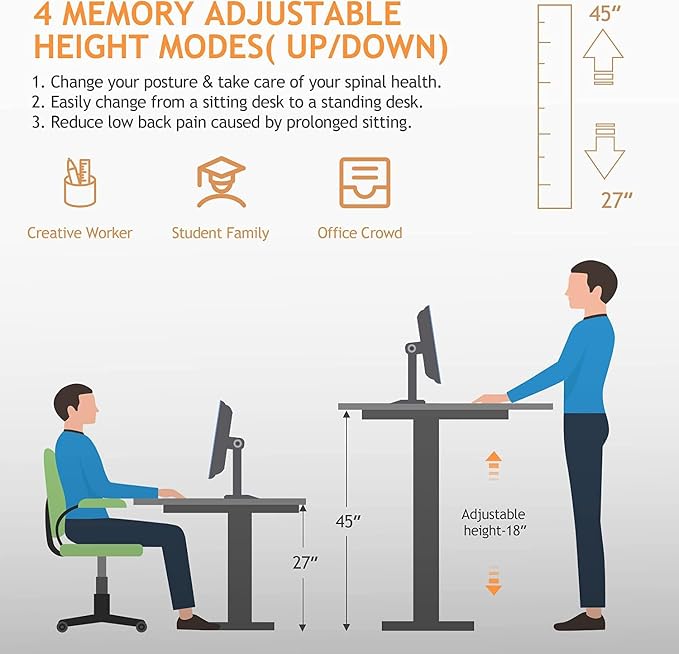 Electric Standing Adjustable Height Desk,55'' x 24'' Stand up Desk with Double Hooks and Wheels, 27''-45'' Lifting Range Computer Workstations(Oak)