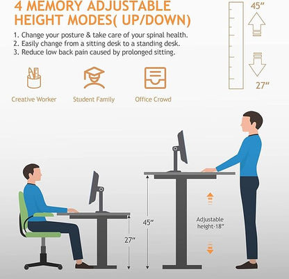 Electric Standing Adjustable Height Desk,55'' x 24'' Stand up Desk with Double Hooks and Wheels, 27''-45'' Lifting Range Computer Workstations(Oak)