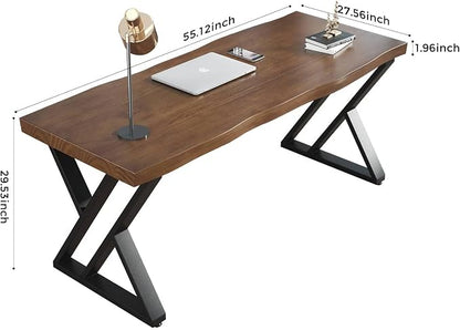 Sihtengxxhongs Solid Wood Desk 55 Inch, Rustic Home Office Computer Desk with Heavy Duty Metal Legs, Large Executive Writing Study Desk, Real Wood Workstation for Home, Office, Dining Room