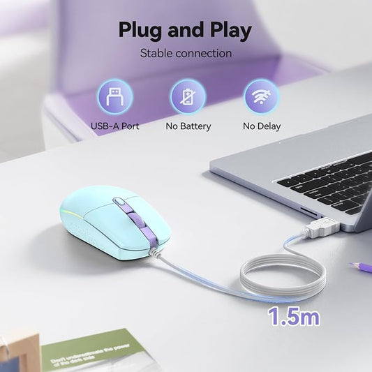 TECKNET Wired Mouse - USB Corded Mouse with RGB Backlit Full Size Optical Silent Mouse with Side Buttons,LED Plug and Play Wired Connection Office Mice for Desktop,PC,Laptop