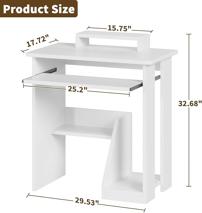 ALISENED Computer Desk, 30 Inch Compact Desk with Keyboard Tray & Monitor Stand for Space-Saving, Ergonomic Study Desk with Storage Shelves for Writing, Gaming, Working, White