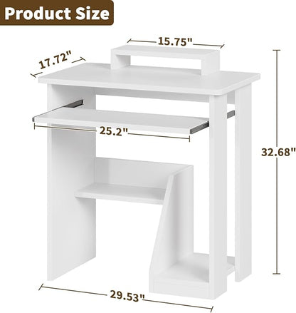 ALISENED Computer Desk, 30 Inch Compact Desk with Keyboard Tray & Monitor Stand for Space-Saving, Ergonomic Study Desk with Storage Shelves for Writing, Gaming, Working, White