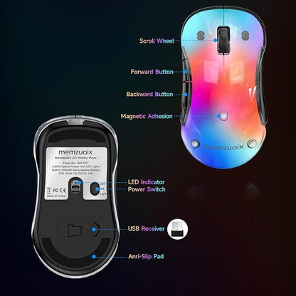 memzuoix 2.4G Aesthetic Wireless Mouse - Customizable Covers & LED Mood Lighting - Rechargeable Ergonomic Design, 5 Buttons, 1200 DPI for Office, Laptop, Mac - White