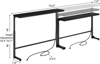 Kitstorack Narrow Sofa Table with Charging Station, 78.8" Behind Couch Table, Adjustable 24.4"-32.7" Height, Modular 2-piece Design for sectionals, entryways, Apartments, and Narrow Living Spaces