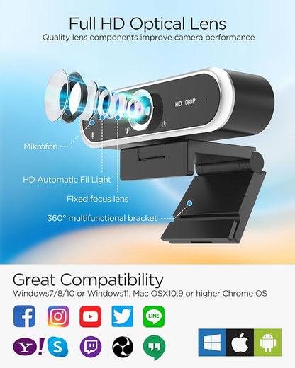Webcam 1080P with Microphone & Privacy Cover for PC/Laptop, USB Computer Camera Plug & Play with Auto Light Correction for Video Calls, Live Streaming Gaming & Online Meetings