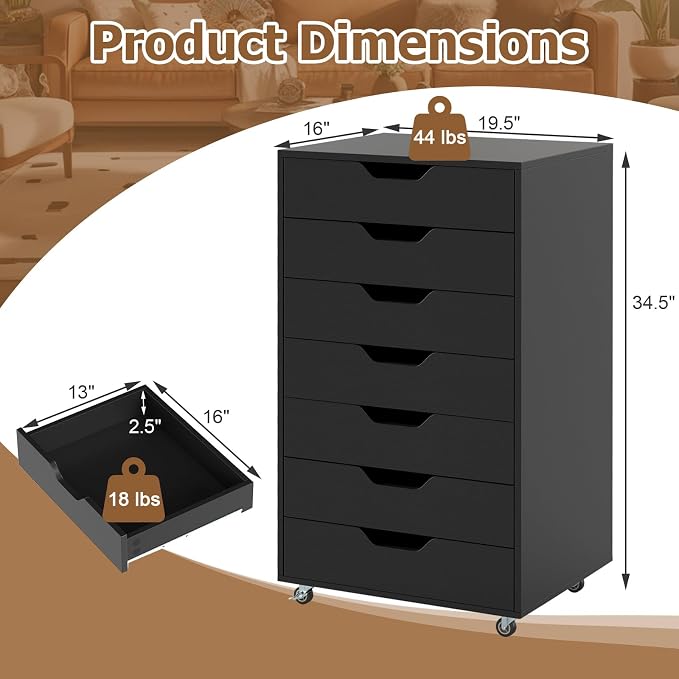 7 Drawer File Cabinet, 34.5" Vertical Storage Drawer Cart, Under Desk Office Organizer, Wooden Printer Stand, Rolling Filing Cabinet for Home Office (Black)