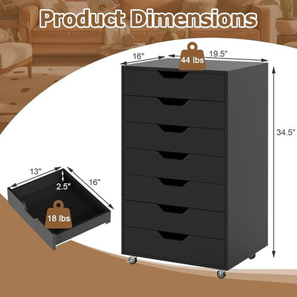 7 Drawer File Cabinet, 34.5" Vertical Storage Drawer Cart, Under Desk Office Organizer, Wooden Printer Stand, Rolling Filing Cabinet for Home Office (Black)